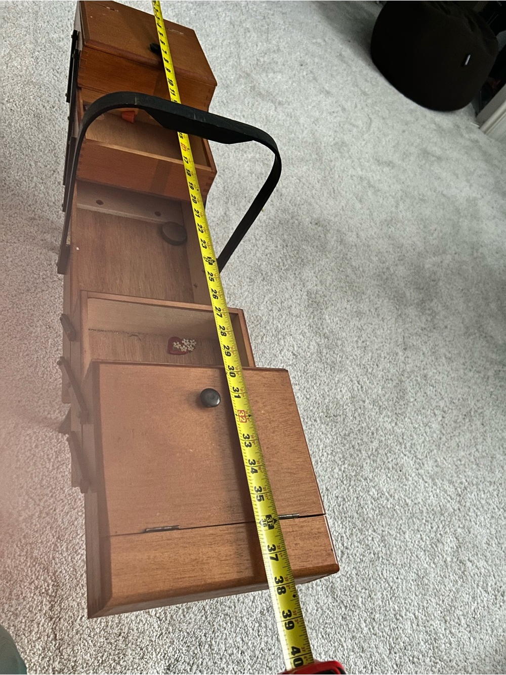 Vintage Wooden Sewing Box with Black Accents and feet. - Picture 14 of 15